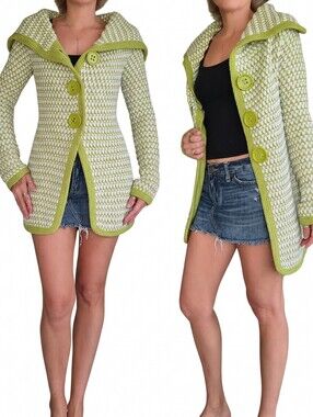 Free People 60s Mod Style Long Cardigan Green White Knit Sweater XS